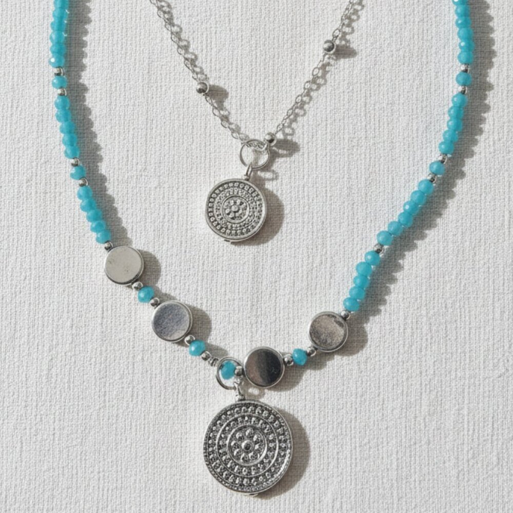 Silver and Blue Beaded Necklace with Tassel - Picture 1 of 4